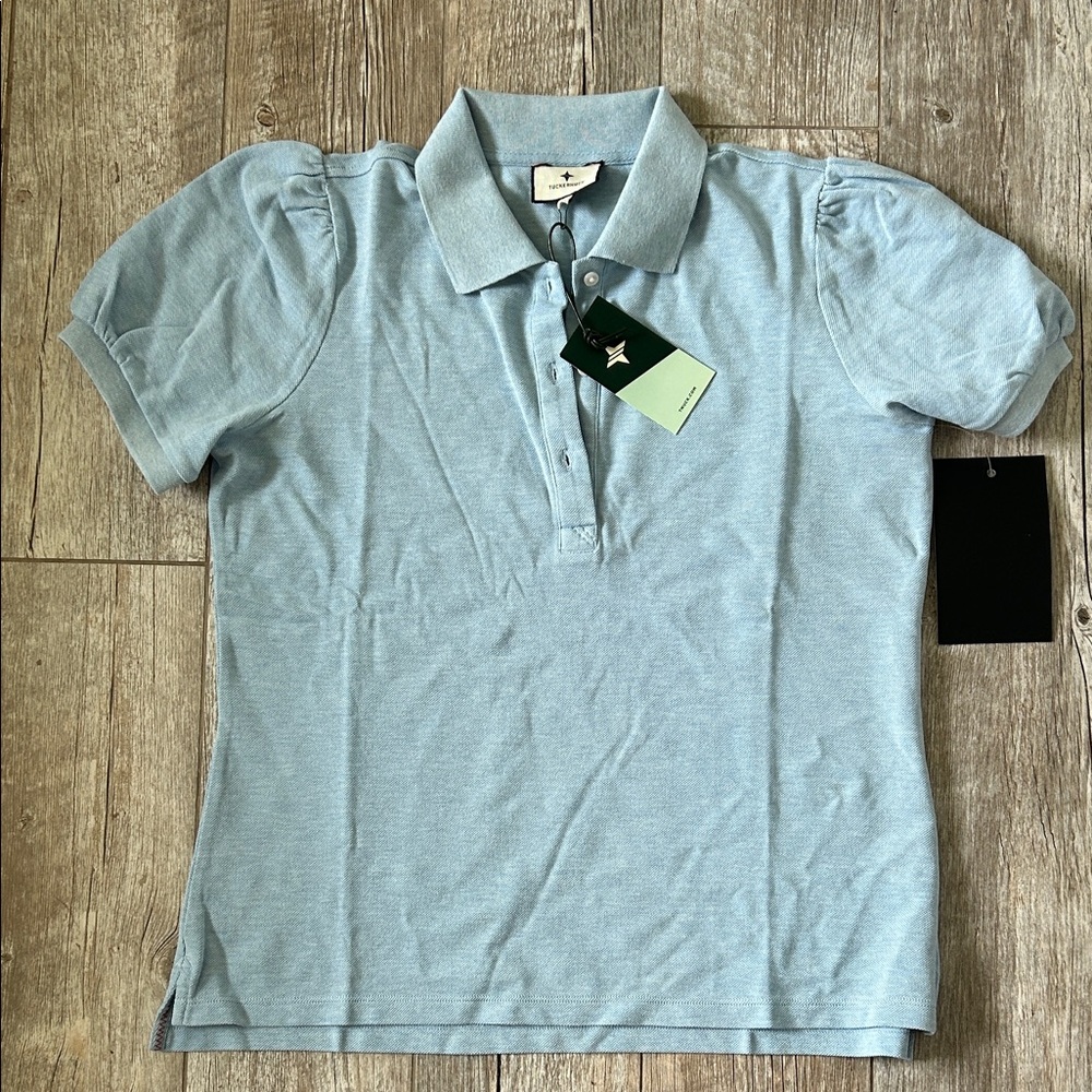 Tuckernuck light heather blue puff sleeve polo top NWT sz M